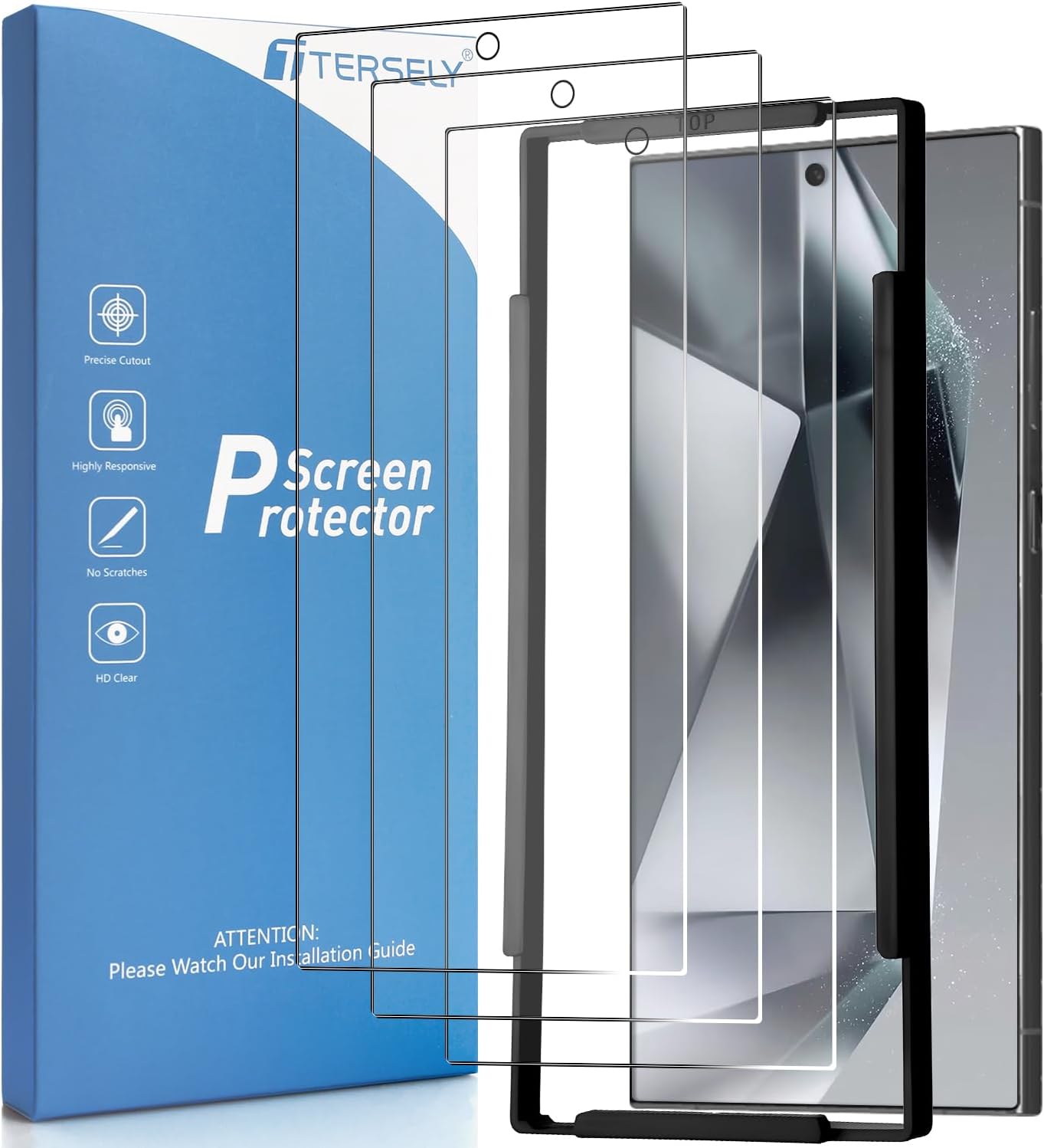 T Tersely [3-Pack] 9H Tempered Glass Screen Protector for Samsung Galaxy S24 Ultra 5G, with Installation Alignment Frame, Support Fingerprint Unlock, Case Friendly, Anti-Scratch Film
