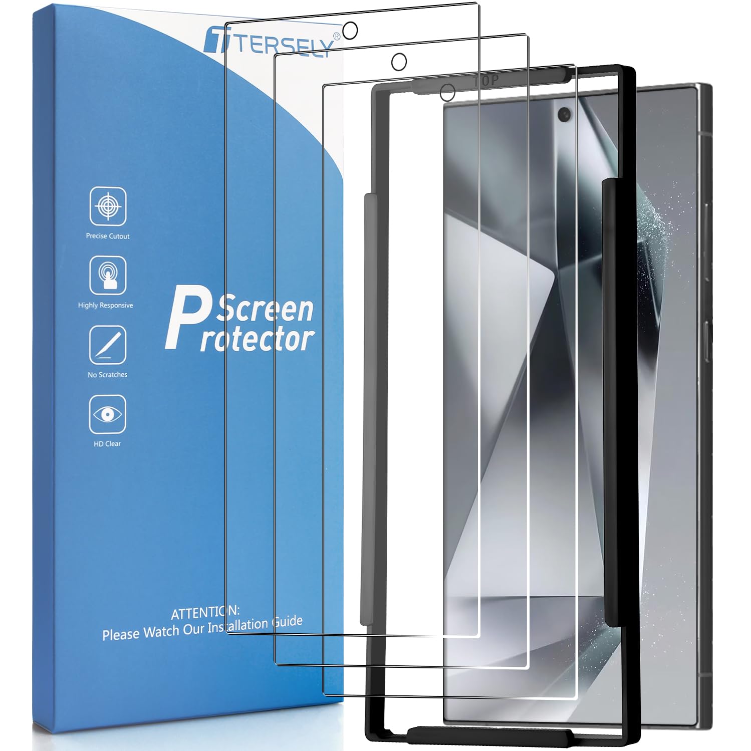 T Tersely [3-Pack] 9H Tempered Glass Screen Protector for Samsung Galaxy S24 Ultra 5G, with Installation Alignment Frame, Support Fingerprint Unlock, Case Friendly, Anti-Scratch Film