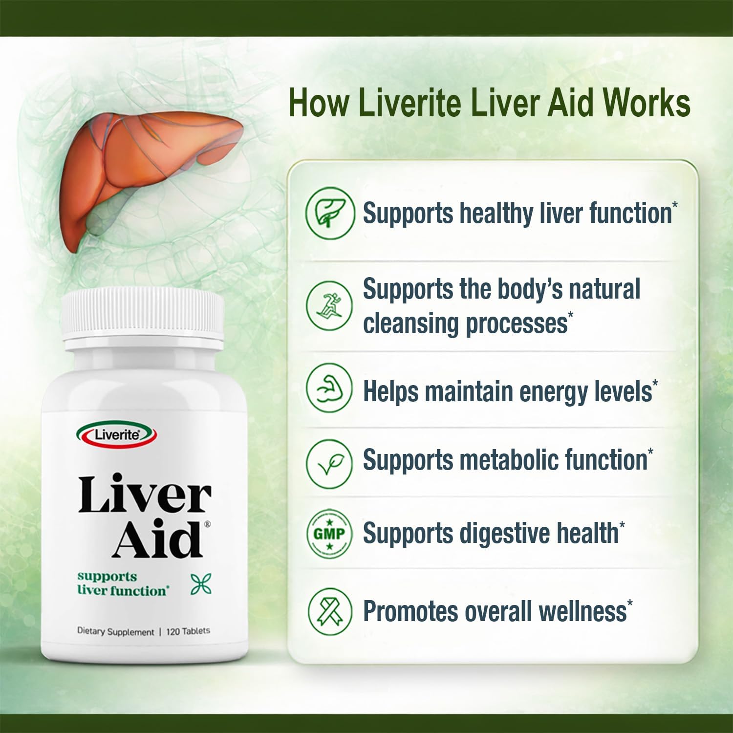 Liverite Liver Aid 120 Tablets, Supports Healthy Liver Function, Cleansing, Energy & Daily Wellness
