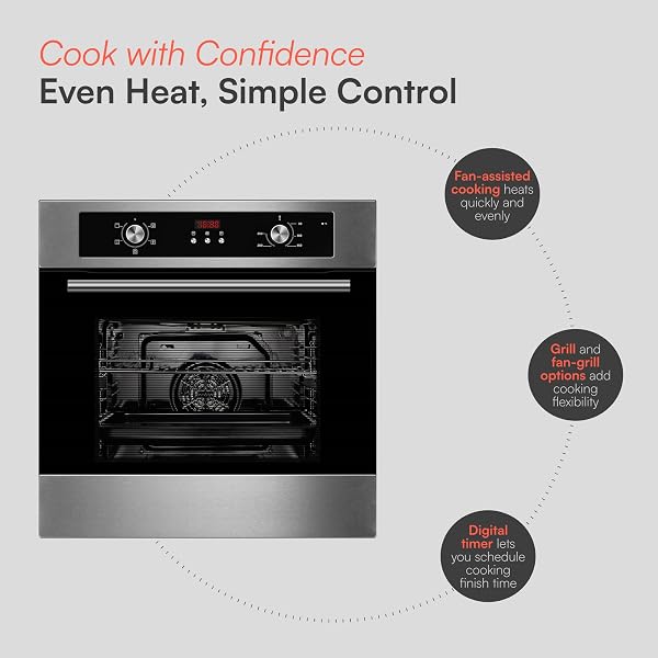 Cookology COF605S 60cm 65 Litre Capacity, Installed Built In Electric Fan Oven, Integrated Single Fan Oven with Mechanical Dial Timer and Grill - in Stainless Steel - 3