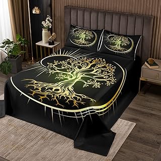 Castle Fairy Sun Moon Bedspread Queen Size,Trees of Life Coverlet Set 3pcs for Kids Teens Boys Bedroom Decor,Gold Glitter Plants Comforter Set Black Vintage Exotic Bedding Duvet with 2 Pillowcases