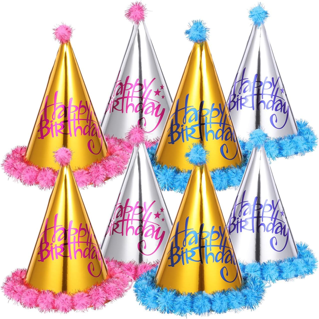 Paper Party Hats for Kids and Adults 8Pcs Cone Birthday Hats with Elastic String Reflective Mirror Decoration for Birthday Celebrations and Festive Events 7.1X5.9 Inches