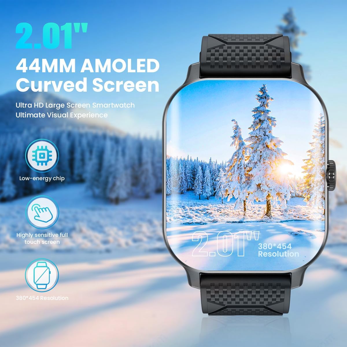 Close-up of the Rogbid Smart Watch display highlighting its 2.01-inch AMOLED curved screen with 380x454 resolution.