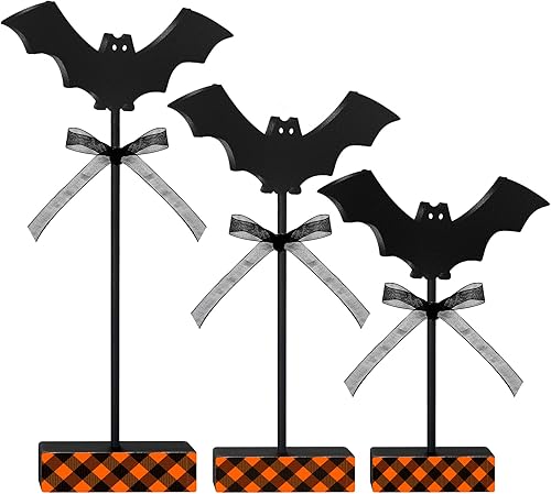 Geetery 3 piezas de decoración de mesa de Halloween, decoración de murciélago espeluznante de madera, decoración de murciélago de pie alto, letrero