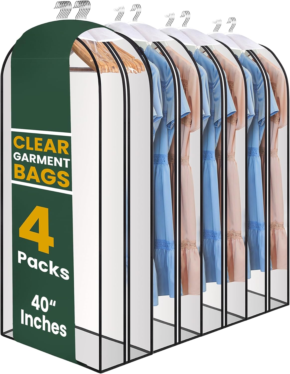Clear Garment Bags for Clothes Storage - 4-Pack Plastic Hanging Covers and Clothing Protectors, Long Dress Suit Jacket Closet Cover Dust Proof Garment Bag Set for Organized Wardrobe Storage (40")