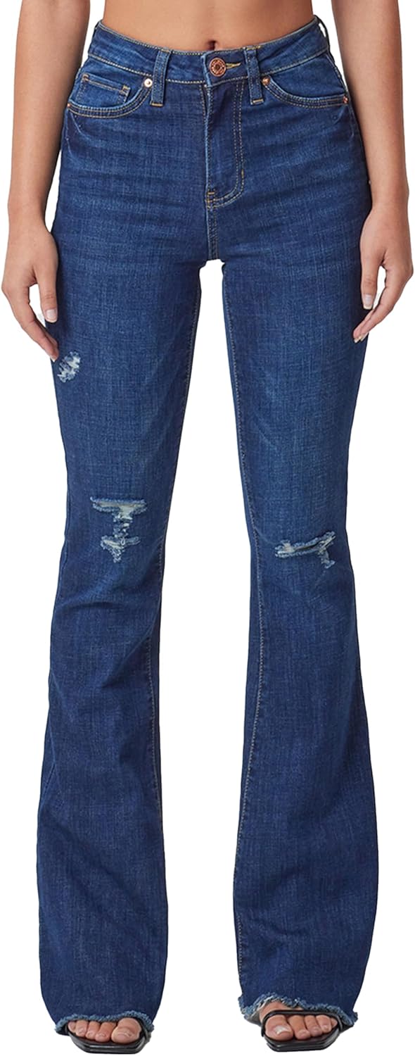 YMI Womens High-Rise Flare Jean with Frayed Hem