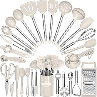 Kitchen Utensils Set-Umite Chef 34 Pcs Silicone Cooking Utensils Set for Nonstick Cookware-Silicone Spatulas Set, Stainless Steel Handle-Khaki Kitchen Gadgets Tools, Pots and Pans Accessories