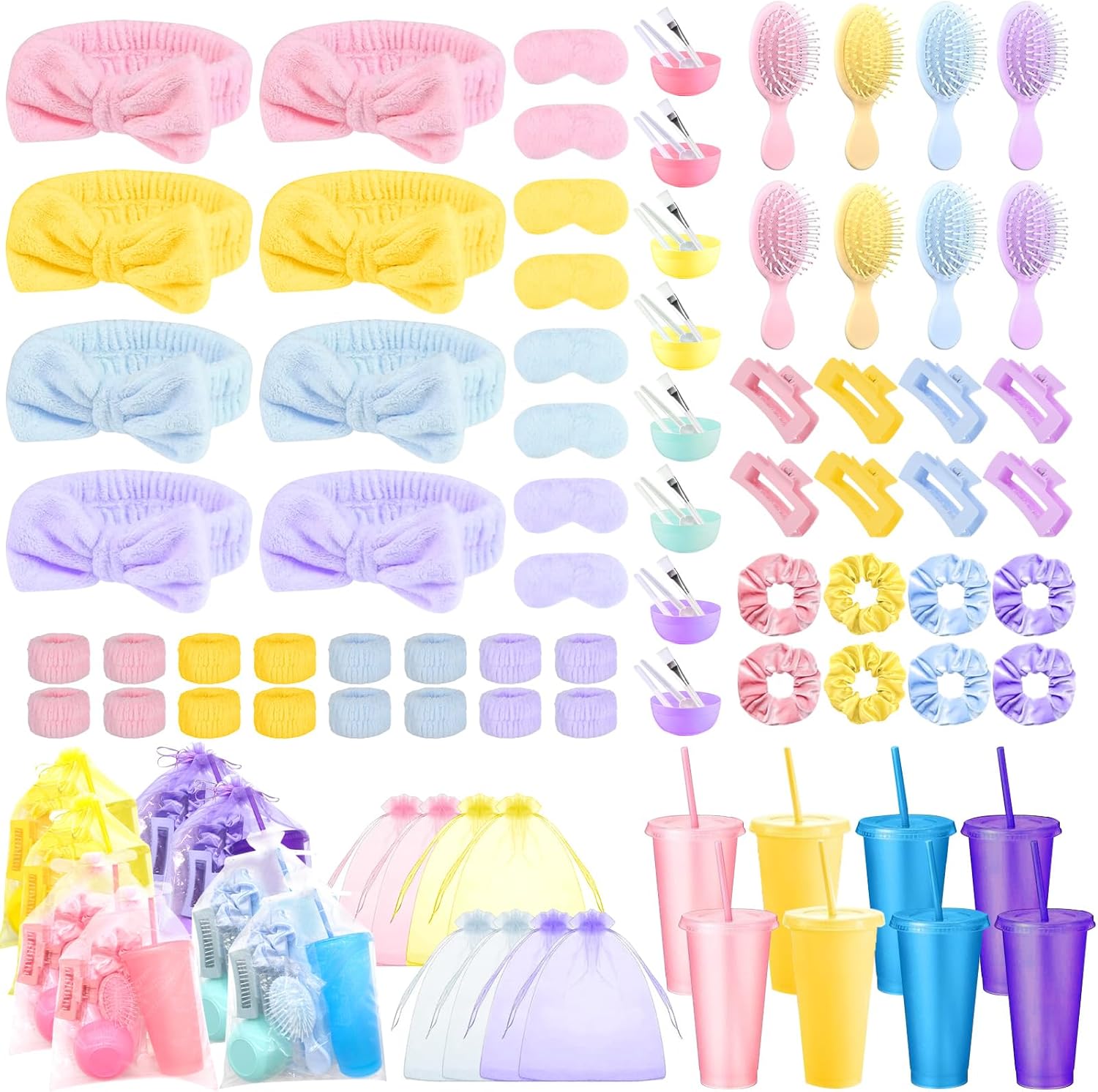 96 Pcs Spa Party Favors Bulk, Face Mask Mixing Bowl Set, Sleep Masks, Headbands, Hair Bands, Combs, Hair Clips, Face Wash Cloths for Girls Spa Sleepover Slumber Party Gifts (Cups Not Included)