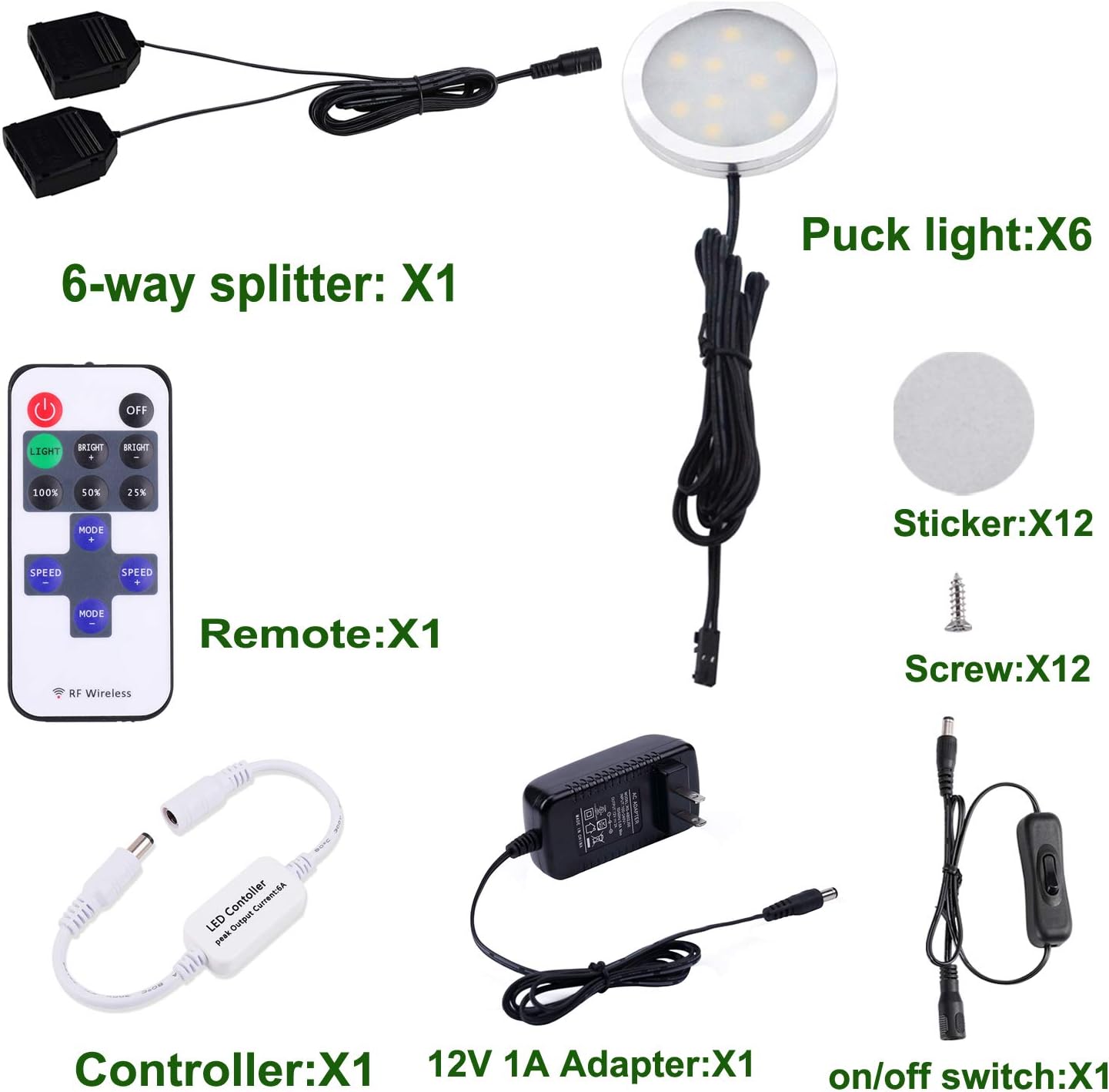 AIBOO 12V LED Under Cabinet Lights Kit 6 Pack Black Cord Aluminum Puck Lights for Kitchen Counter Closet Lighting with Wireless Dimmable RF Remote Control 6 Lights 12W (2700K Warm White)