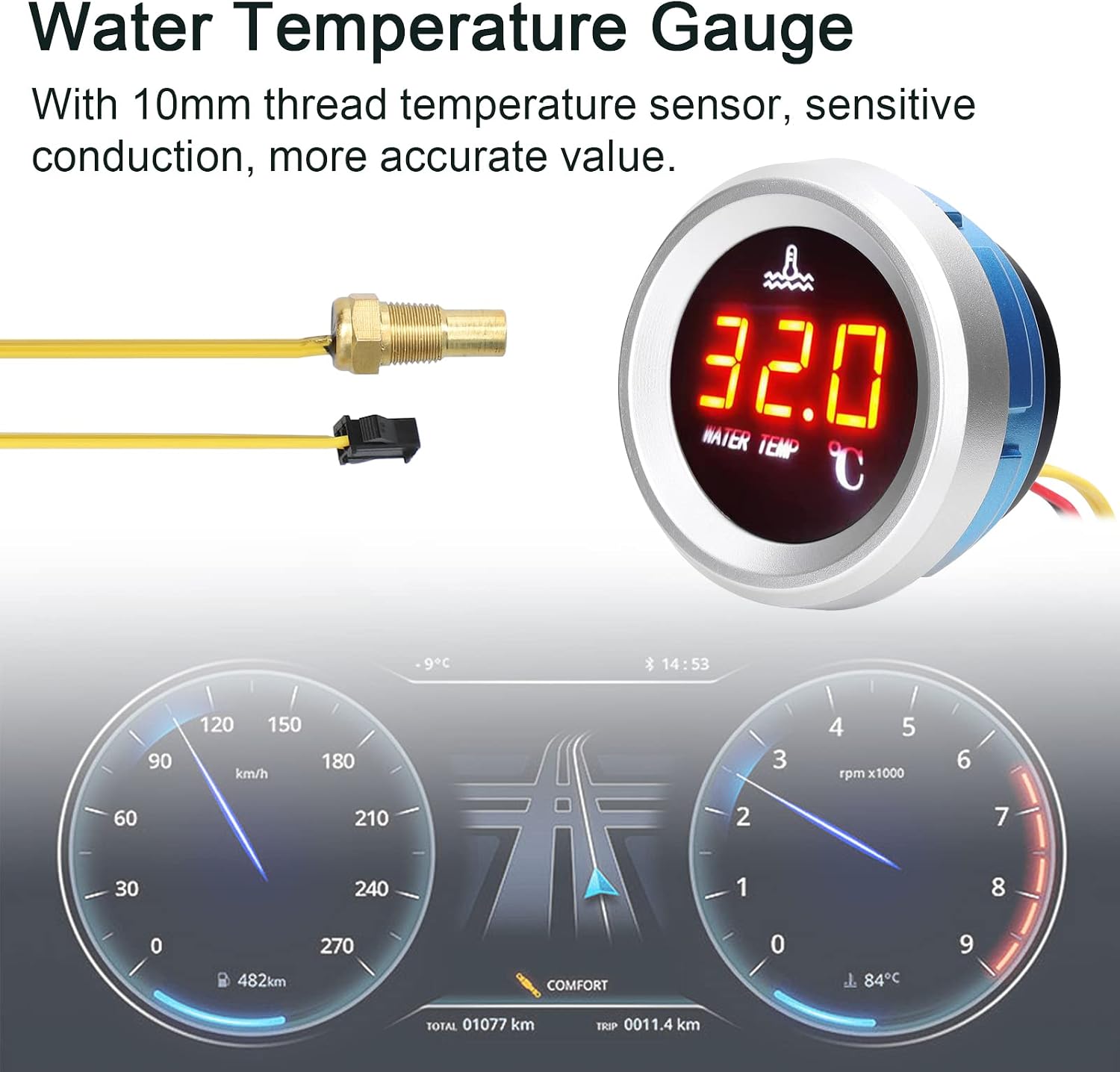Shkalacar Water Temperature Gauge, 52mm Water Temp Thermometer Meter Kit Car Digital Meter LED Display 9-36V with Temperature Sensor Alarm Function for Car, Truck, Vehicle, Automotive
