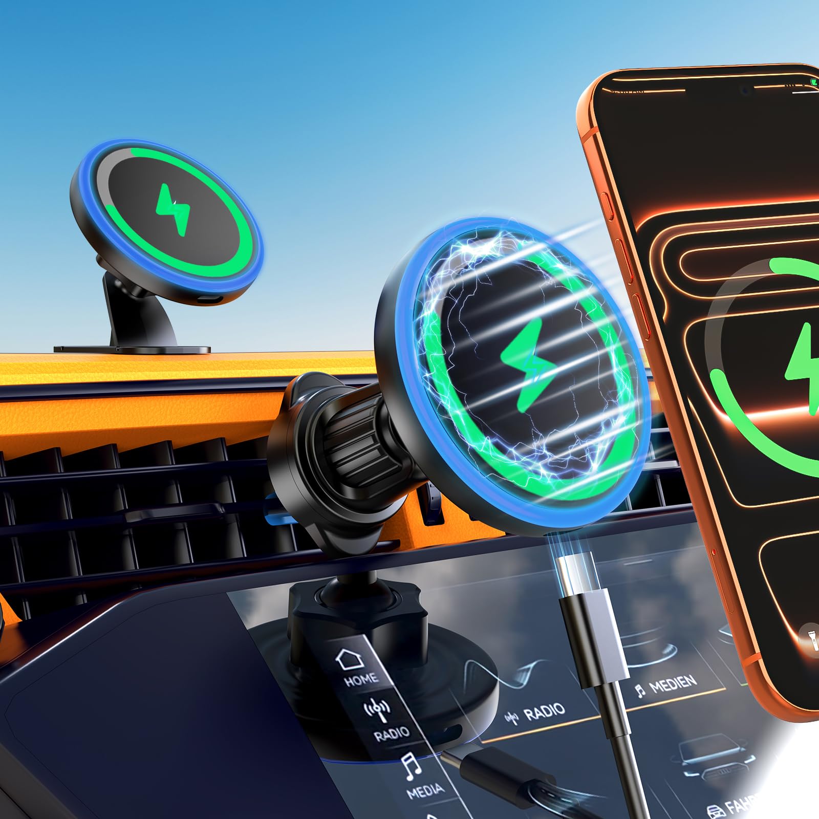 ZCSSQZ for Magsafe Car Mount Charger-Magnetic Car Phone Holder Wireless Car Charger for Dash Air Vent-LED RGB HandsFree Car Mount Fast Car Charger for iPhone 17/16/15/14/13/12 Series (Black)