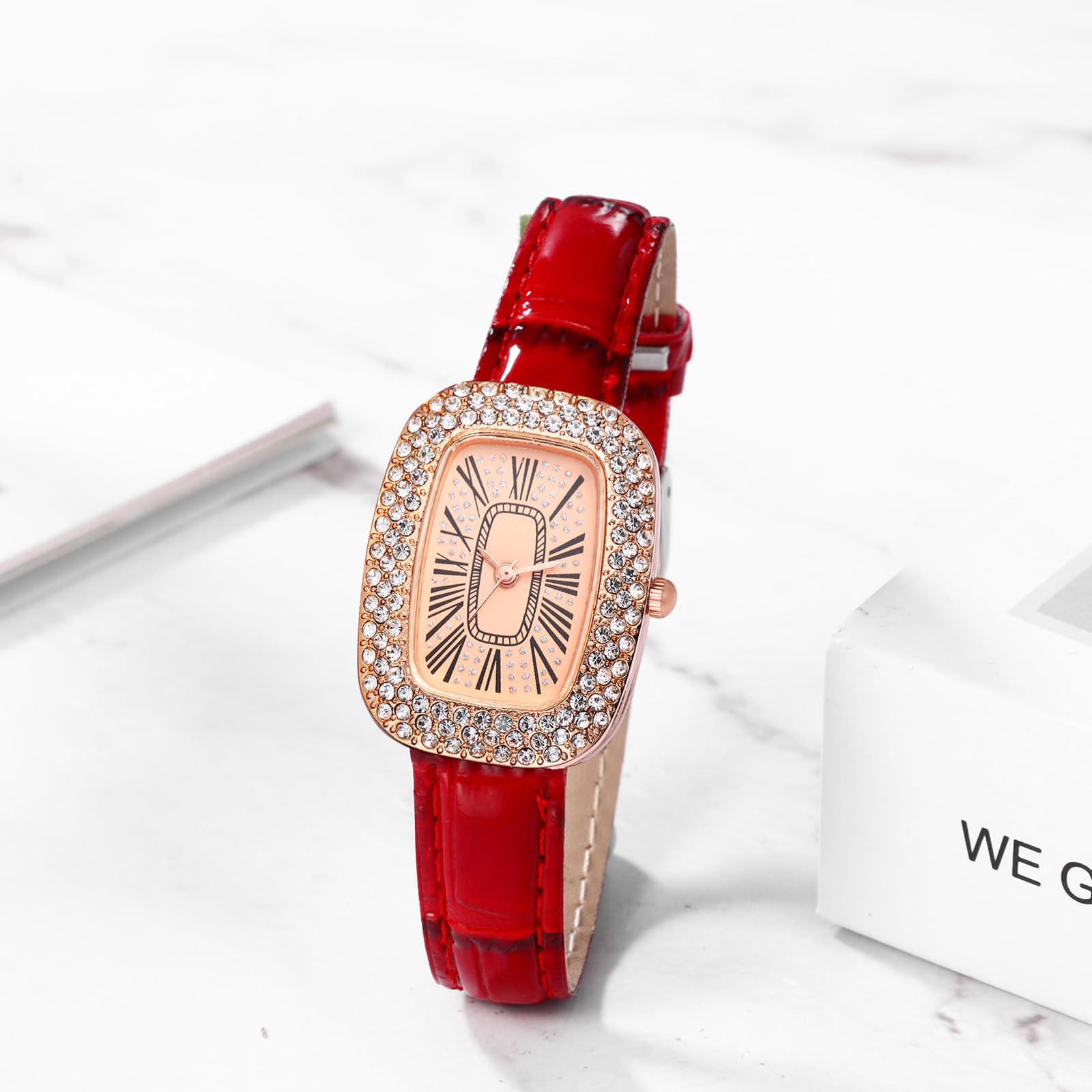 JewelryWe Zegarki damskie skórzane prostokątne – elegancki błyszczący stras, analogowy zegarek kwarcowy na rękę, zegarek na rękę, swobodny zegarek z prostokątnymi cyframi rzymskimi i skórzanym paskiem