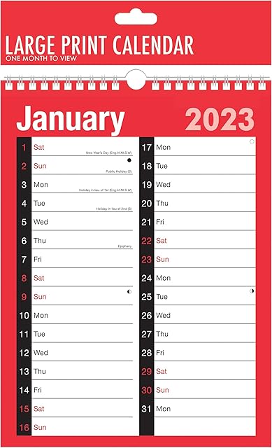 2023 Calendar A4 Large 2 Column Month to View Spiral Bound Wall Planner for Home Business Office School 1 January 2023 to 31 December 2023