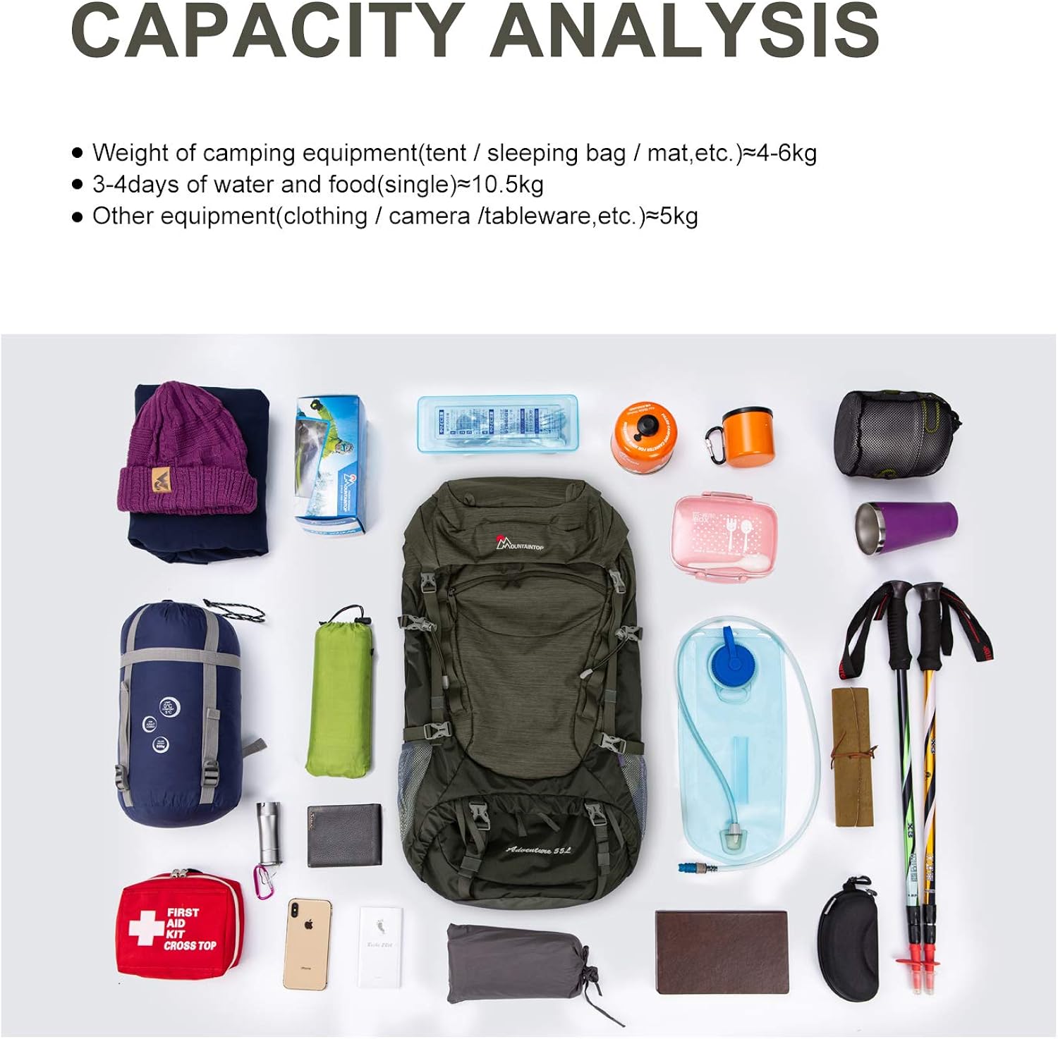 MOUNTAINTOP 55L Hiking Internal Frame Backpack Backpacking for Men with Rain Cover : Sports & Outdoors