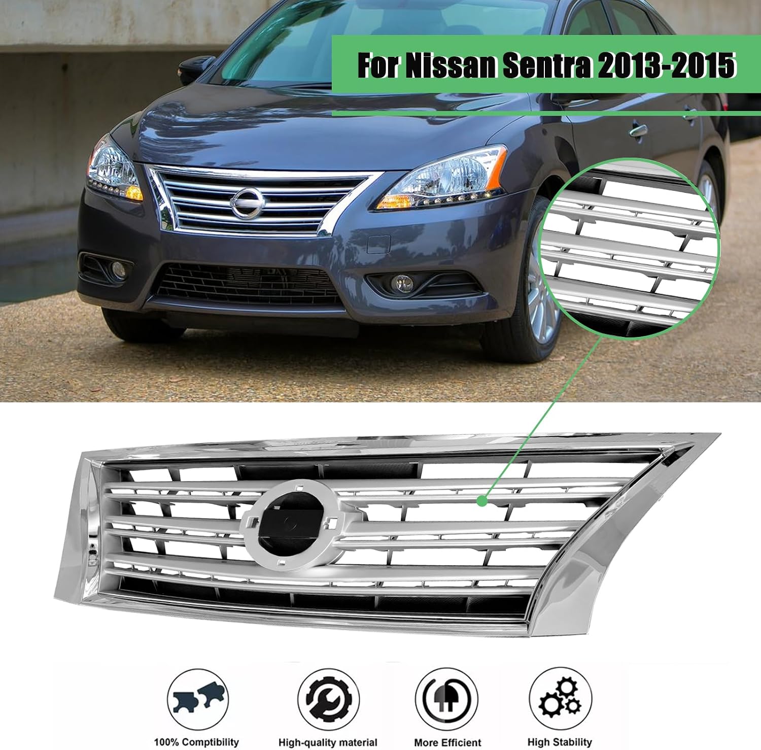 Front Bumper Grille Chrome Shell Black Insert Grill For Nissan Sentra 2013 2014 2015 NI1200252 623103SH0A