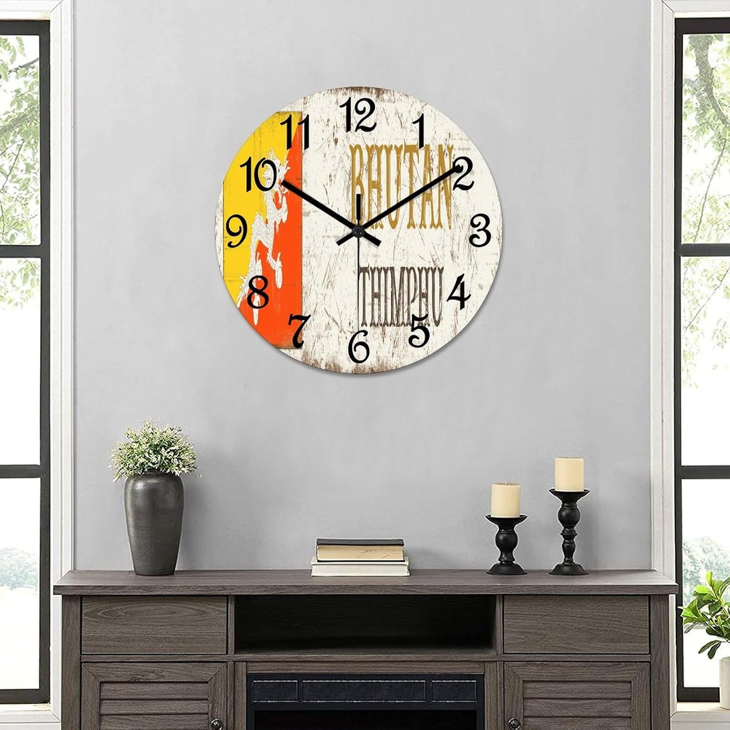 Bhutan National Flag Wooden Wall Clock Bhutan Thimphu Quiet Digital Round Wall Clock Wood Clock Stylish Wall Decor Home Decor Clock for Dining Room Farmhouse