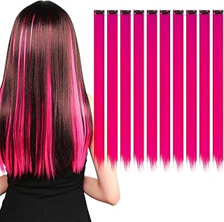 10 extensiones de pelo de colores, extensiones de pelo para niños, resistentes al calor, clips para mujeres, niñas, niños, fiestas (rojo rosa)