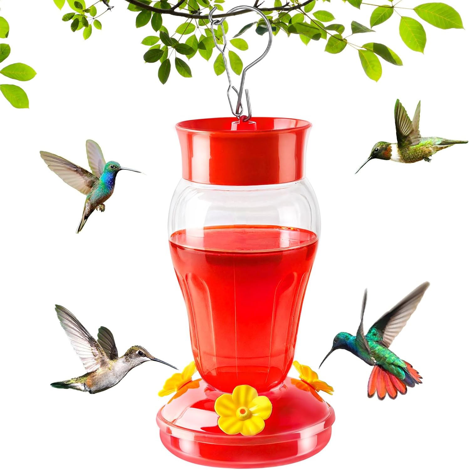 Hummingbird Feeders for Outdoors Hanging 16 OZ Leak-Proof Plastic Red Hummingbird Feeder with Ant Moat & 3 Feeding Ports 1 Pack Wide Mouth Bird Feeder for Outside