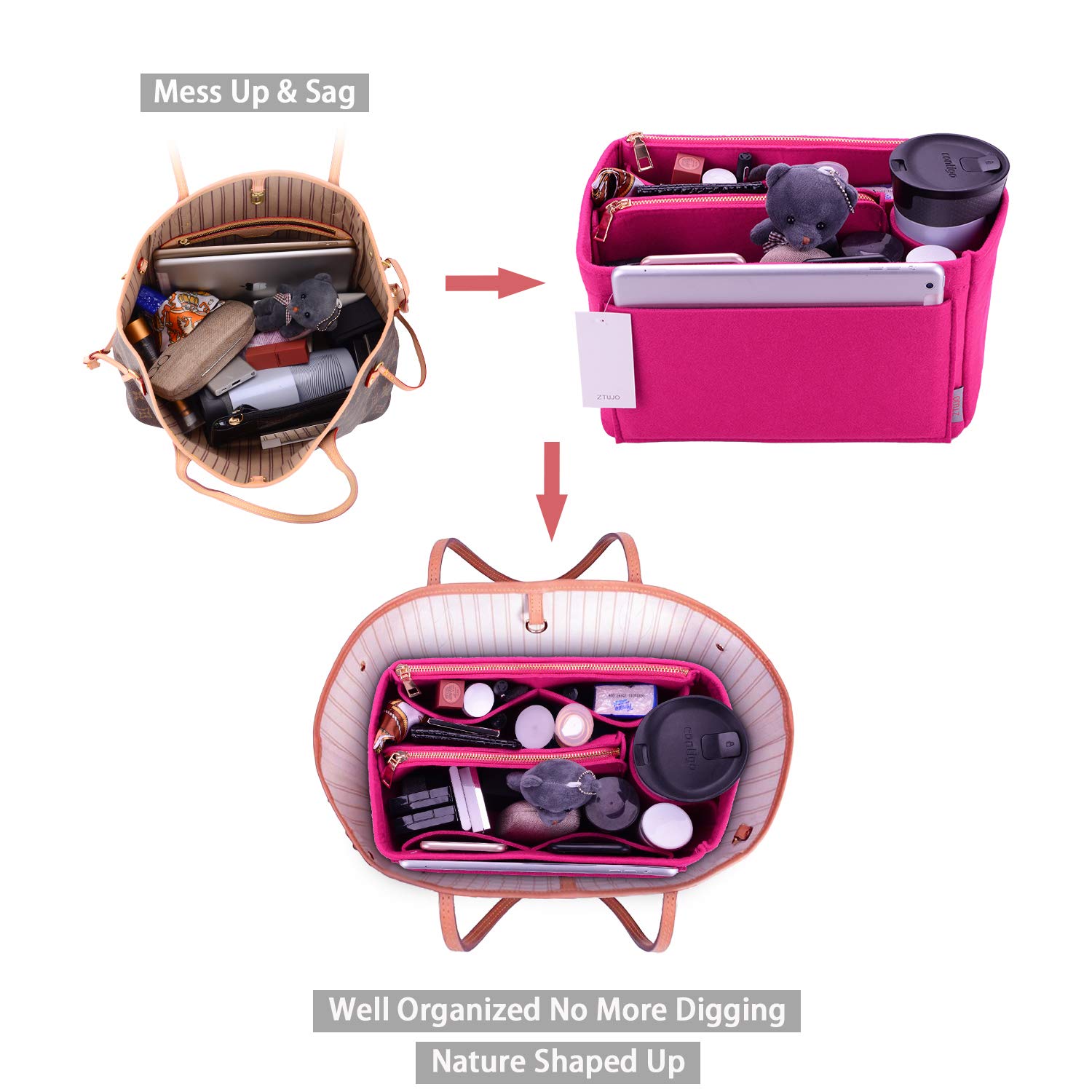 ZTUJO Organizador de bolso, organizador de bolsa de fieltro para LV Speedy, Neverfull, Graceful, Neverfull, Tote, Bolso, Shaper, Rojo (Rosado), Medium