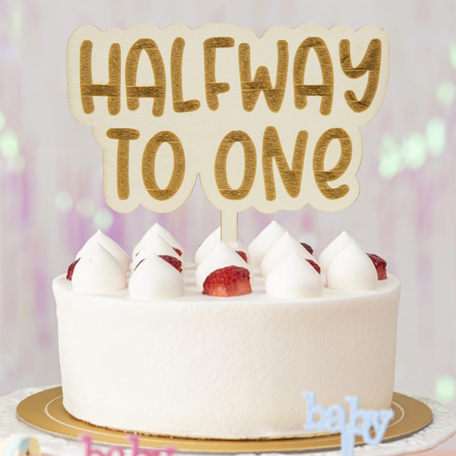 Gostman Halfway To One Cake Topper - Wooden 6 Months Birthday Decoration, Half Birthday Party Supplies