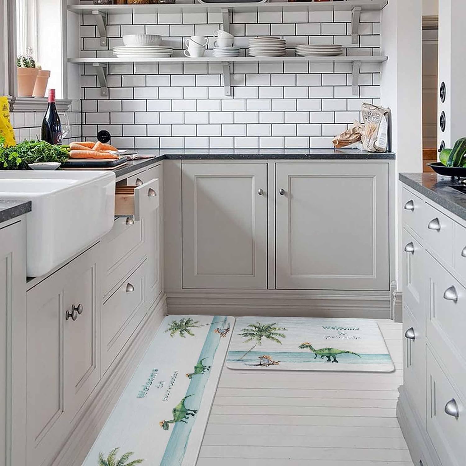 Coastal Kitchen Rugs and Mats Set of 2, Non-Slip Kitchen Sink Mat, Summer Beach Nautical Ocean Palm Tree Washable Doormat Bathroom Rugs Runner for Bedroom/Living Room 23.6"x35.4"+23.6"x70.9"