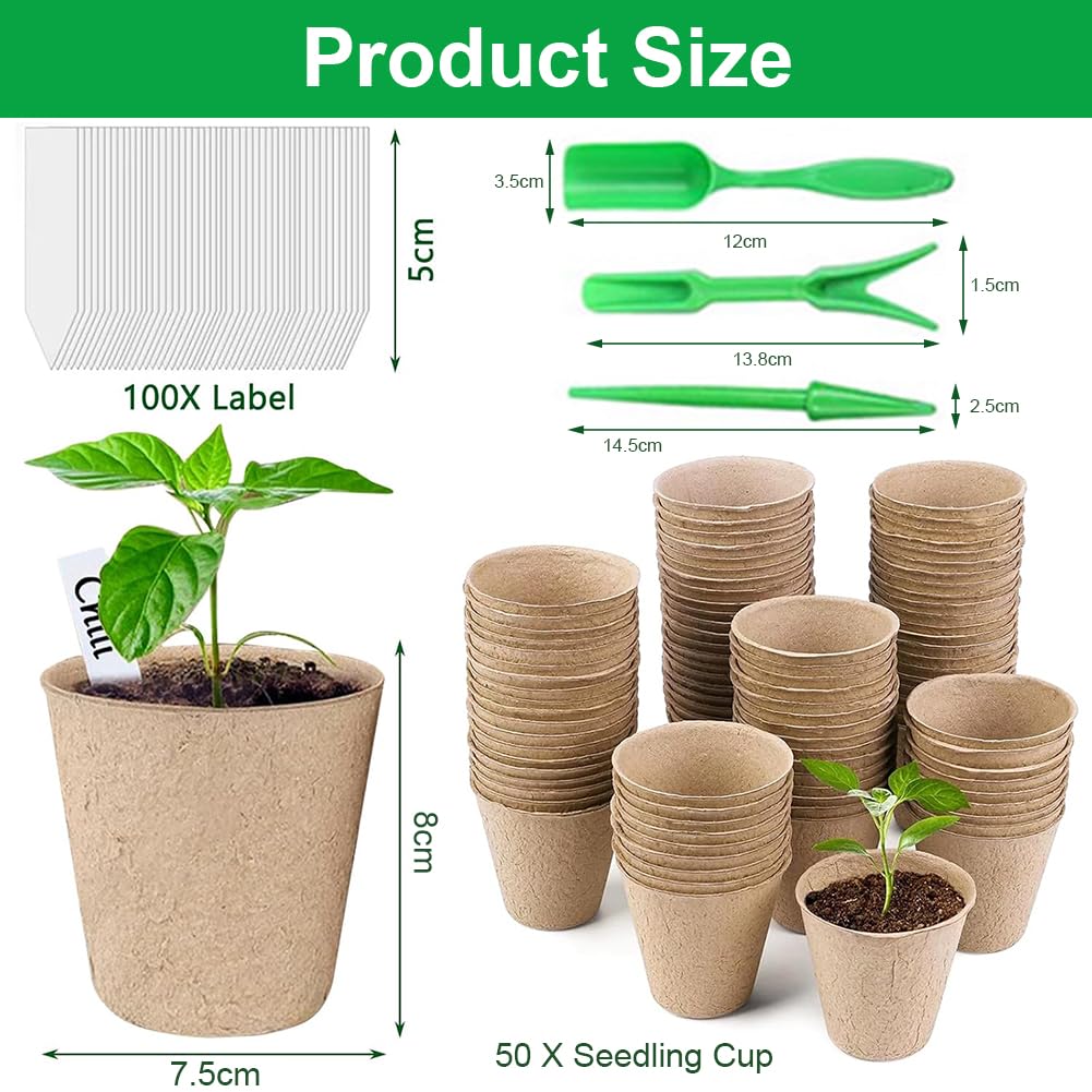 Pots Culture,50pcs Pots de Culture,Godets Semis Plantes,Pot de Semis Fibre,avec 50pcs Etiquette Plante et 3 Outils de Repiquage,pour Serre Jardin Potager