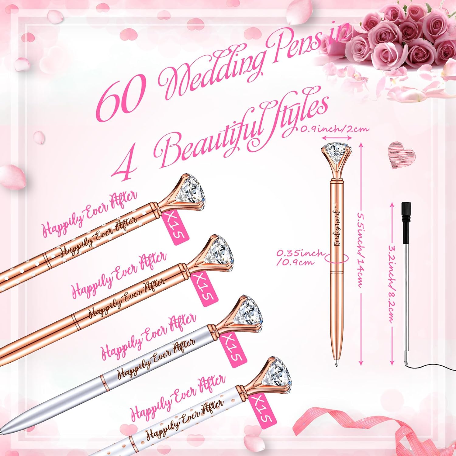 Yexiya 60 Pcs Bridal Shower Gifts for Guests Diamond Pens Rose Golden Crystal Ballpoint Bling Happily Ever After Pens for Wedding Bridal Shower Bridesmaid Women Girls Gift Office Favors