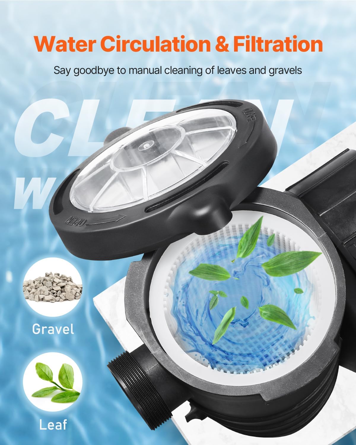 Image showing the VEVOR pool pump's strainer basket with a transparent lid, illustrating how it filters out leaves and gravel.