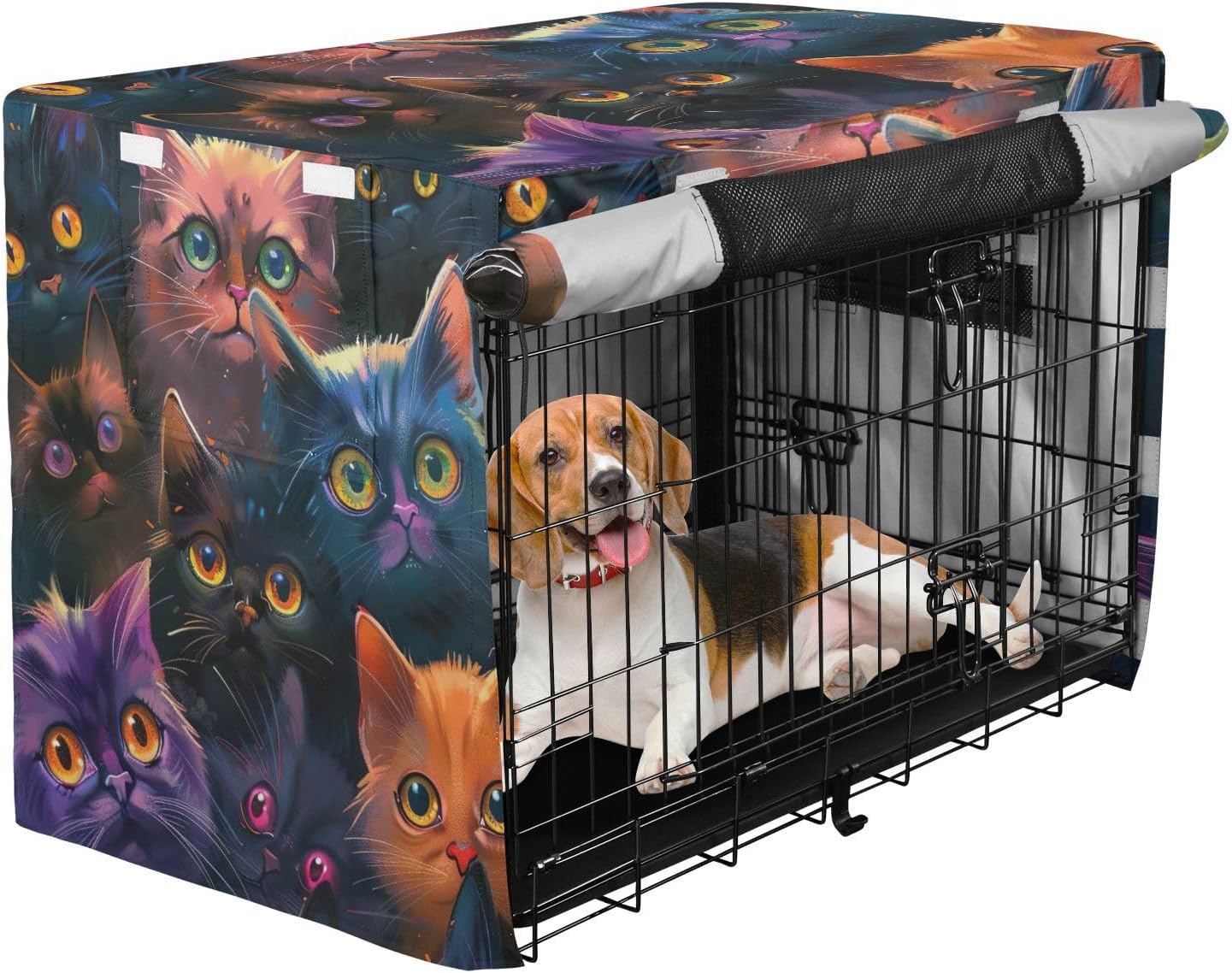 Colorful Cats Dog Crate Covers Easy to Install, Pet Cage Cover with Openings, Large