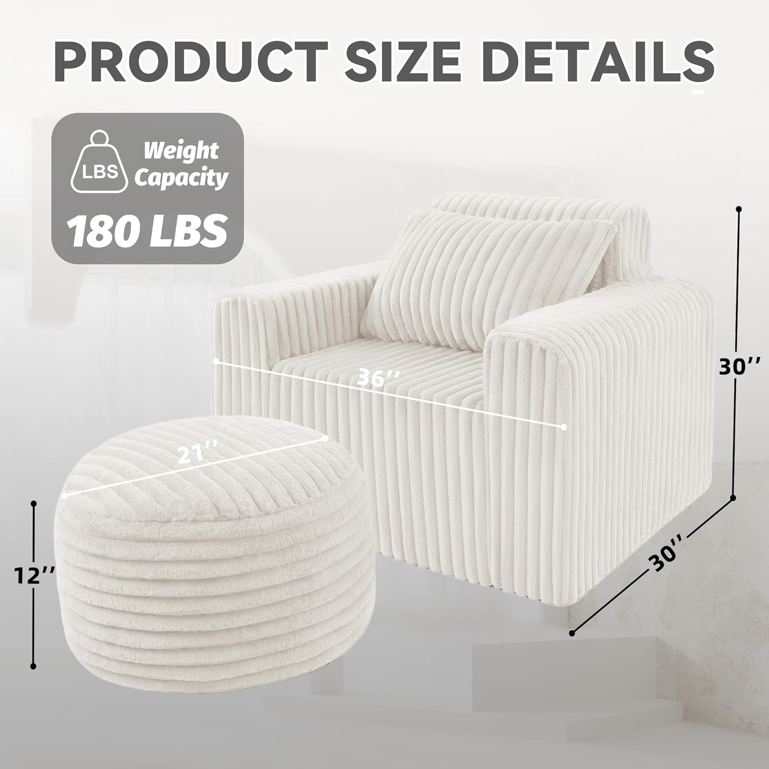 Giant Bean Bag Chair for Adults with 3-in-1 Multi-Functional Ottoman, Non-Slip Lounge Chair High Backrest & Wider Armrest, Boneless Chair Memory Foam for Living Room(Stripe Plush, Beige)