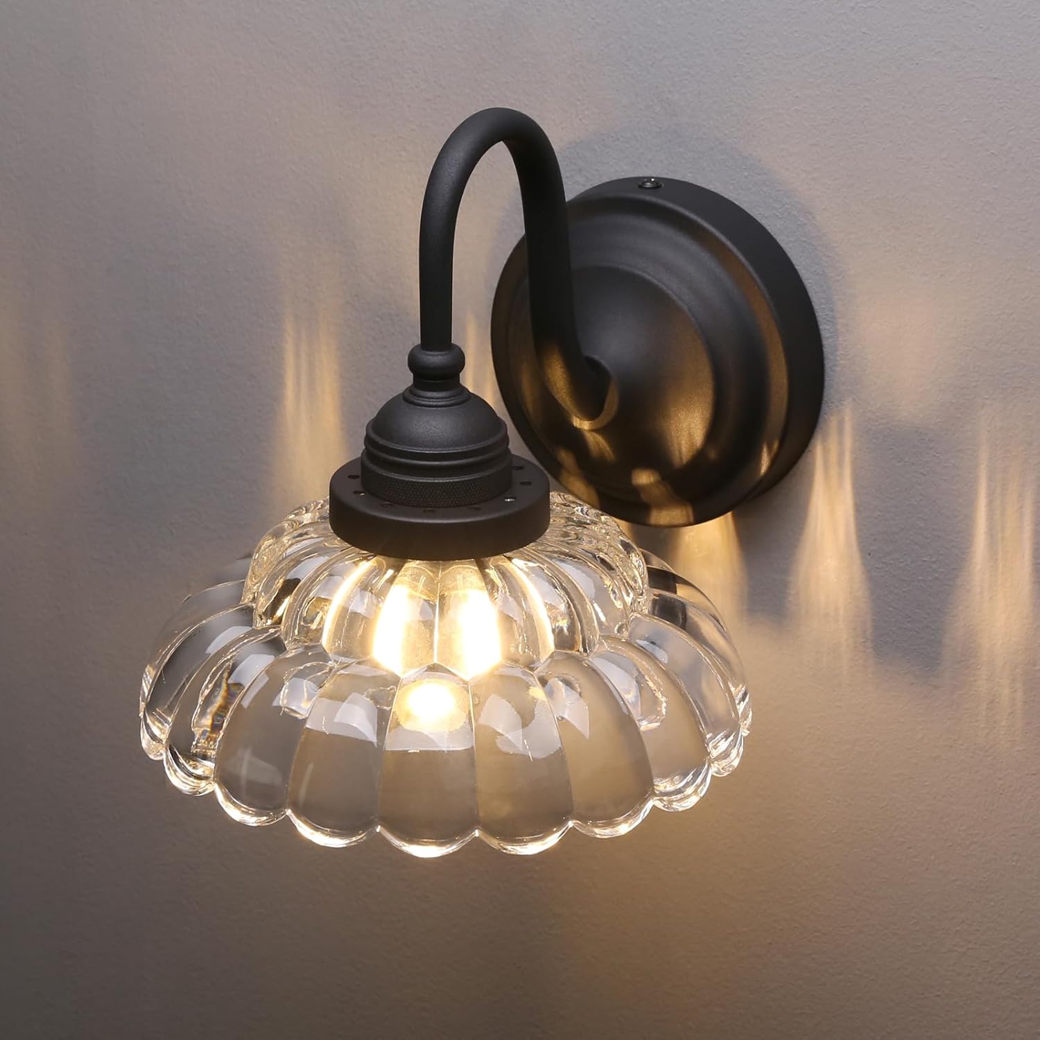 PERMO Vintage Black Wall Sconce with Clrar Lotus Glass Shade Antique Sconces Hardwired Light for Bathroom, Bedroom, or Entryway