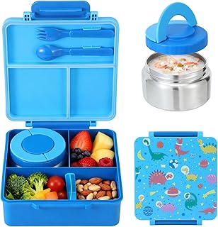 Bento Lunch Box with Insulated Stainless Steel Soup Jar, Leakproof 4-Compartment Meal Prep Container with Utensils, Reusable Portable Lunch Box for Travel Outdoor (CL0107-Blue)
