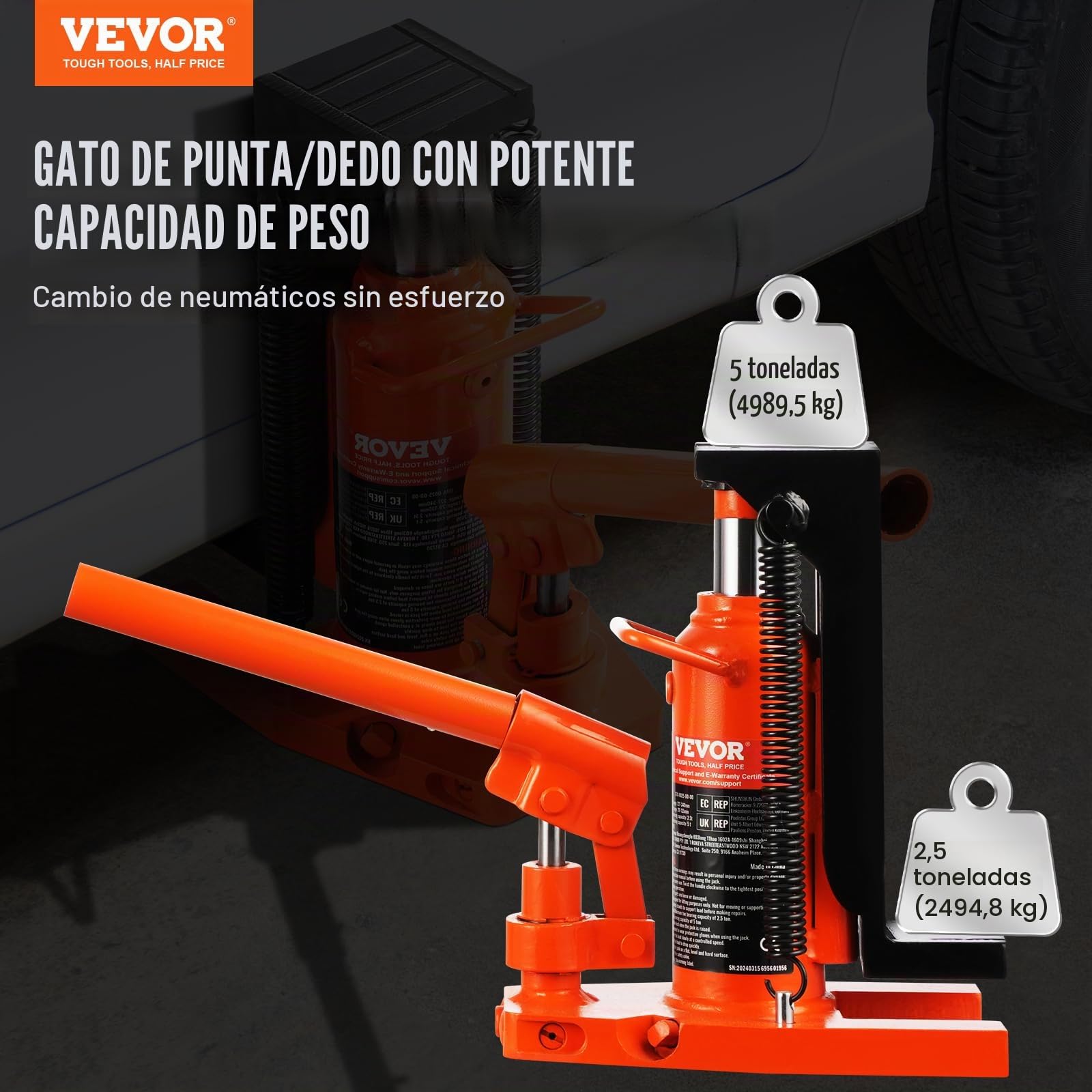 VEVOR Gato Hidráulico de Pierna con Patas 2,5 T Capacidad de Elevación del Gato de Máquina 5 T Superior Altura de Pierna 20-135 mm Altura Superior 227-340 mm para Maquinaria de Elevación, Industria