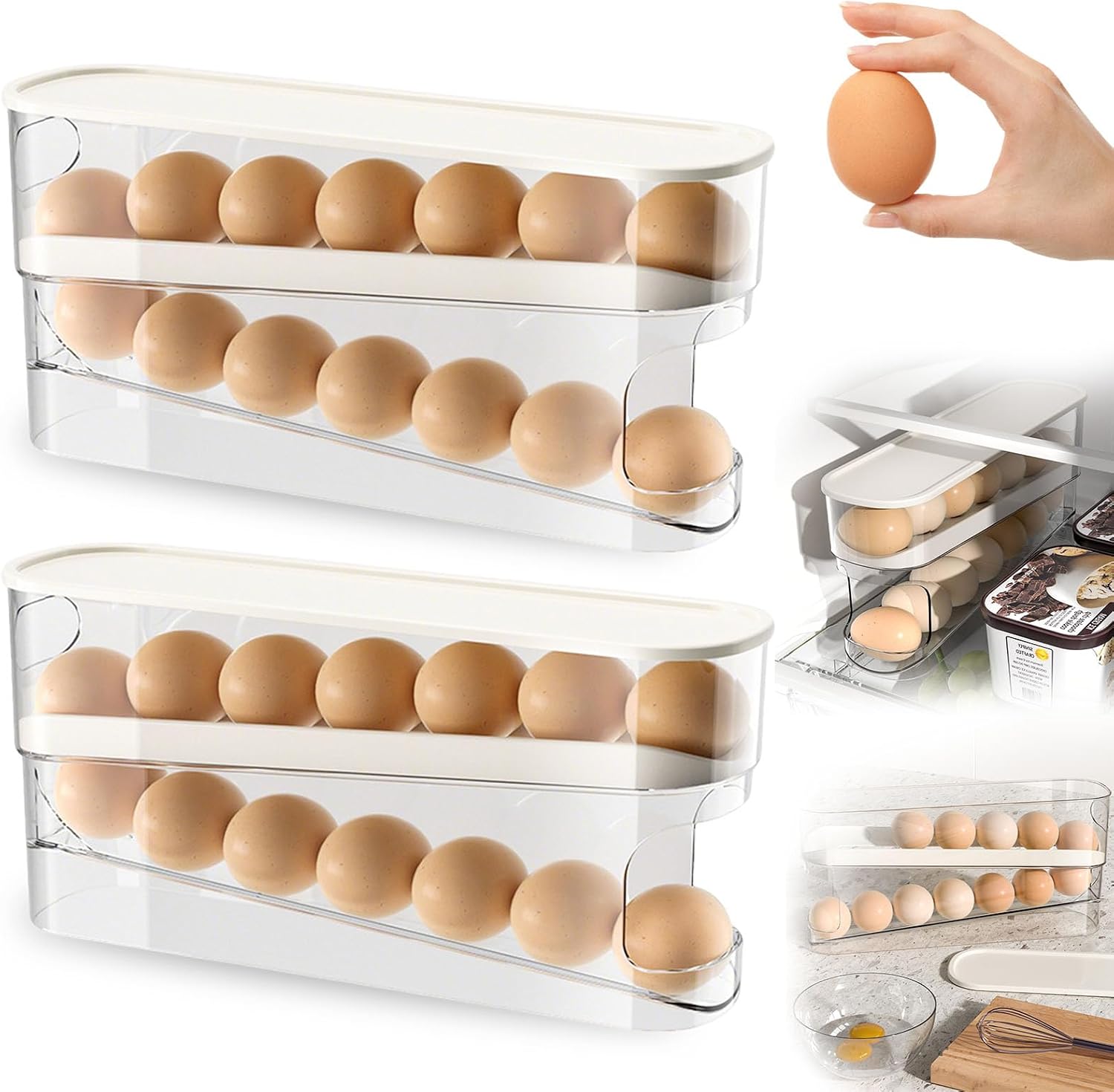 Egg Holder for Fridge, 2026 Automatic Rolling Egg Container for Refrigerator, Container with Lid for Refrigerator, Sturdy and Durable Space-Saving Egg Tray for 12 Large Eggs (1 PC)