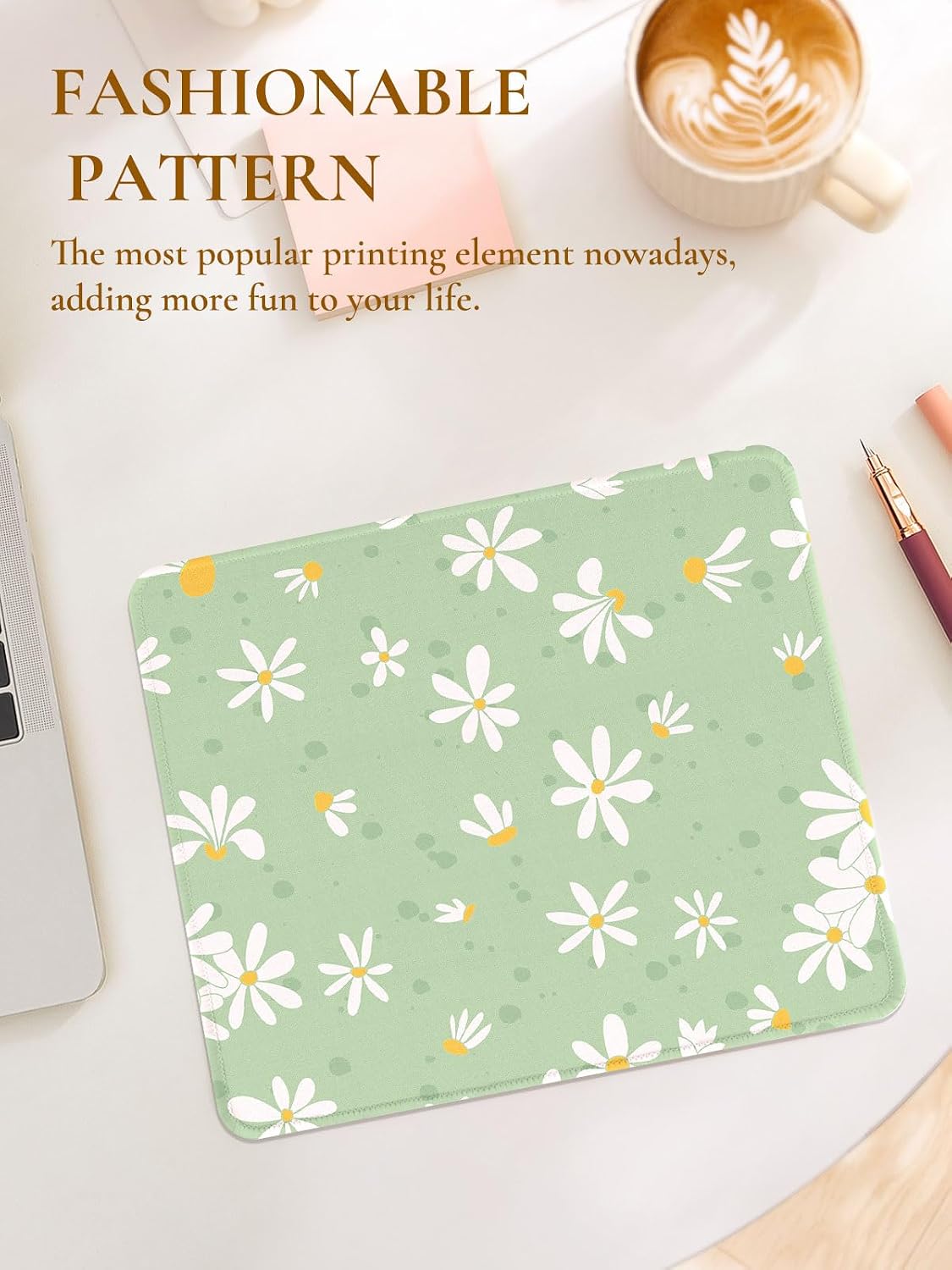 Cute Bouquet of Flowers Mouse Pad, Waterproof Aesthetics Mouse Pads Design, Non-Slip Rubber Base Computer Simple Funny Mousepad,Small Mouse Mat Desk Accessories,Green White Floral image 2