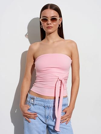 DILVIN Ba lamal  Bandeau Top Kad n Straplez Kolsuz Yazl k Dar Kal p  rme Kuma