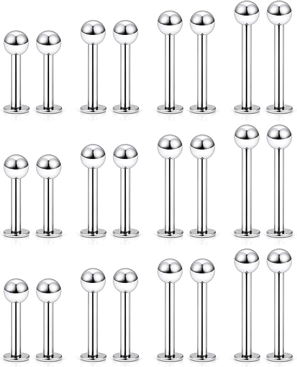 Labret Barbell 24PCS Monroe Lip Barbell Ring Helix Earring Tragus Cartilage Studs Surgical Steel Piercing Jewelry for Women Men 20-12G