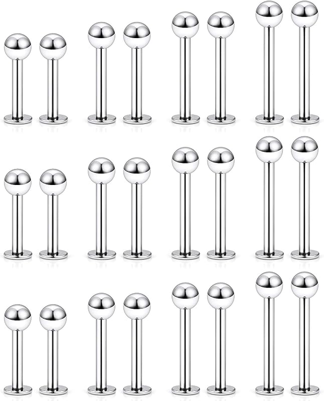 Labret Barbell 24PCS Monroe Lip Barbell Ring Helix Earring Tragus Cartilage Studs Surgical Steel Piercing Jewelry for Women Men 20-12G
