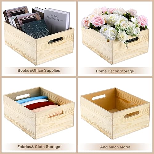 Miniatura 5 de Spiareal Caja de almacenamiento de madera de 15 x 12 x 7 pulgadas, caja decorativa de madera de pino con agujeros para las manos y tapa,