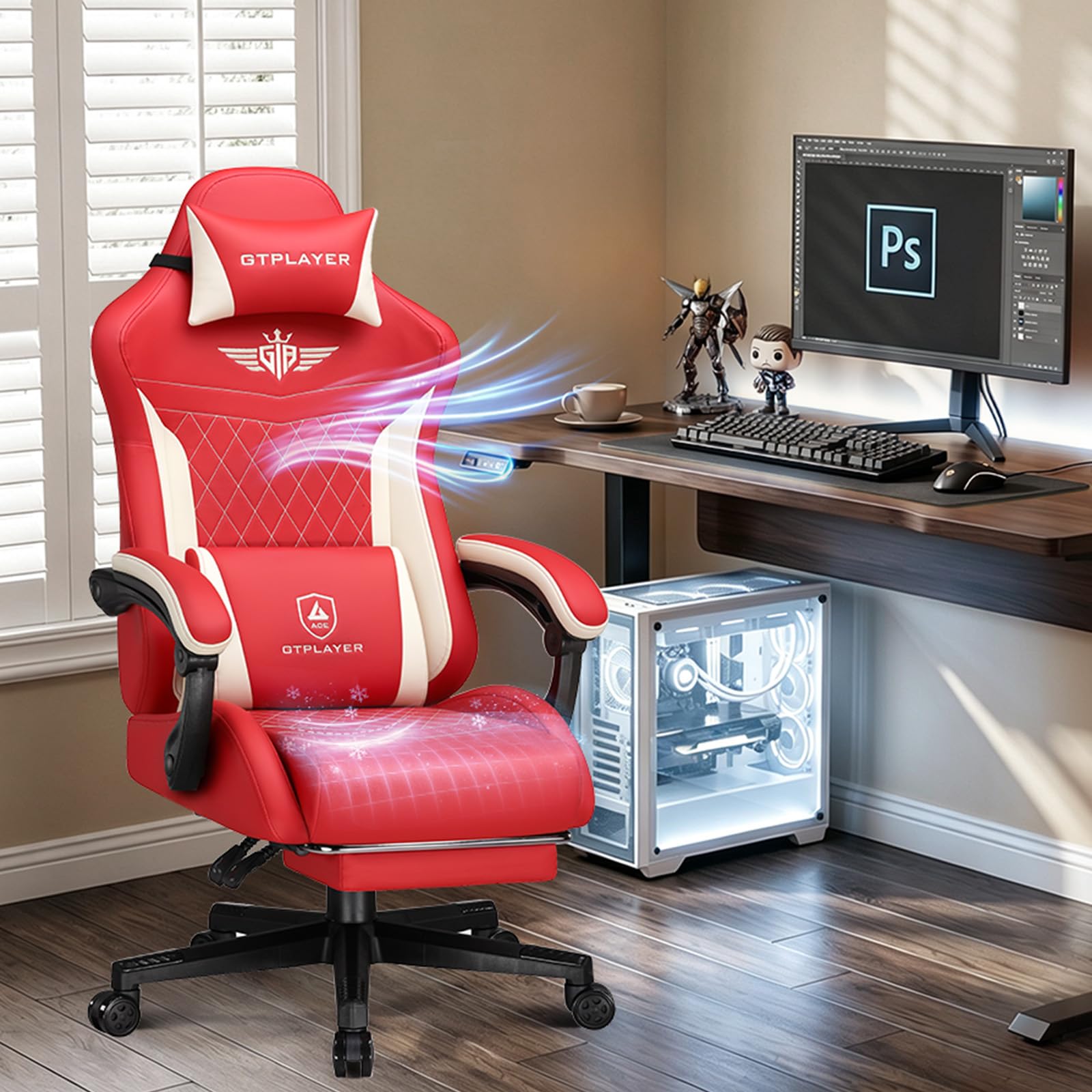 GTPLAYER Gaming Chair with Footrest, Ergonomic Office Chair 400lbs Heavy Duty, Big and Tall Computer Desk Chair with Lumbar Support and Headrest, Faux Leather 90-155° Recline Red