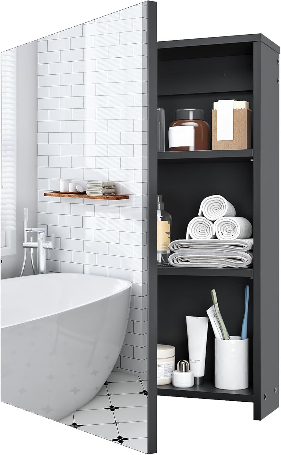 Bathroom Medicine Cabinet, Wall-Mounted Bathroom Vanity with Mirror, Bathroom Medicine Cabinet with Storage Function, Hanging Storage Cabinet, Adjustable Shelves, Black