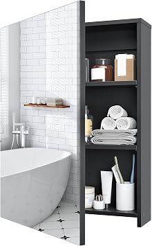 Bathroom Medicine Mirror Cabinet, 17.7 x 23.6, Wall-Mounted Bathroom Vanity with Mirror, Bathroom Medicine Cabinet with Storage Function, Hanging Storage Cabinet, Adjustable Shelves, Black