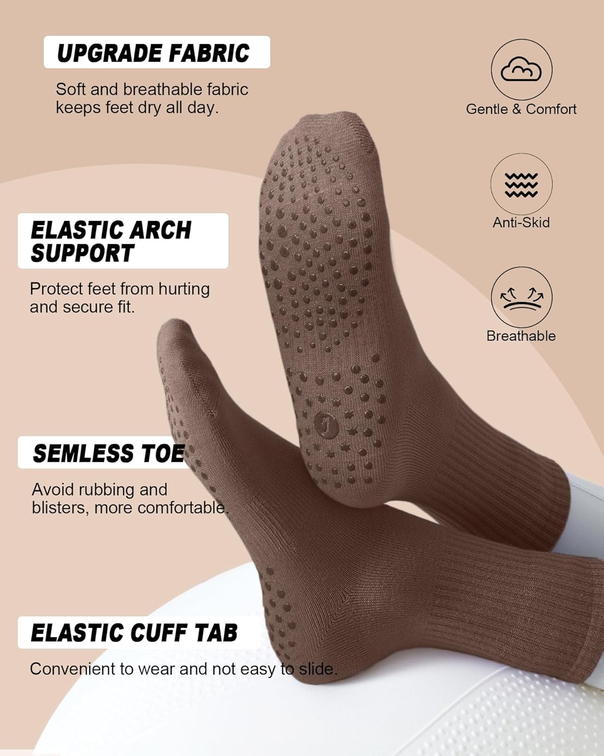 5 Pairs Pilates Socks for Women, Non Slip Grip Yoga Crew Socks for Athletic Barre Hospital Barefoot - Image 3