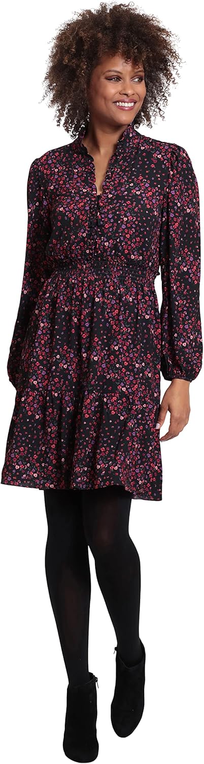 London Times Womens Stand Collar Tiered Dress with Smocking and Ruffle Details - Image 4