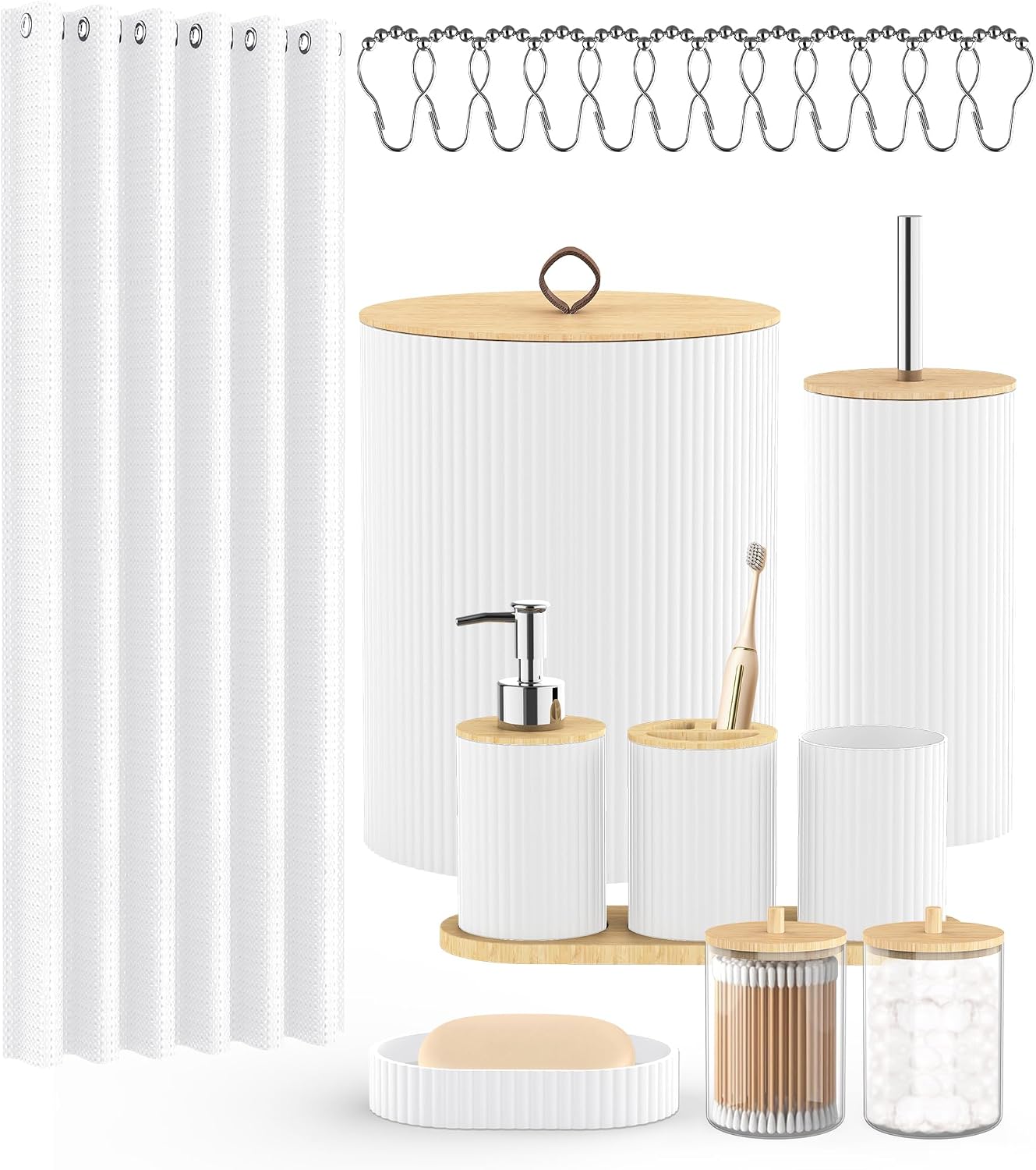22Pcs Grey Blue Bathroom Accessories Set Shower Curtain Decor Kit | All-in-One Decor Kit with Hooks, Waste Bin, Soap Dispenser & Toothbrush Holder, for Home, Hotel, RV & Apartment