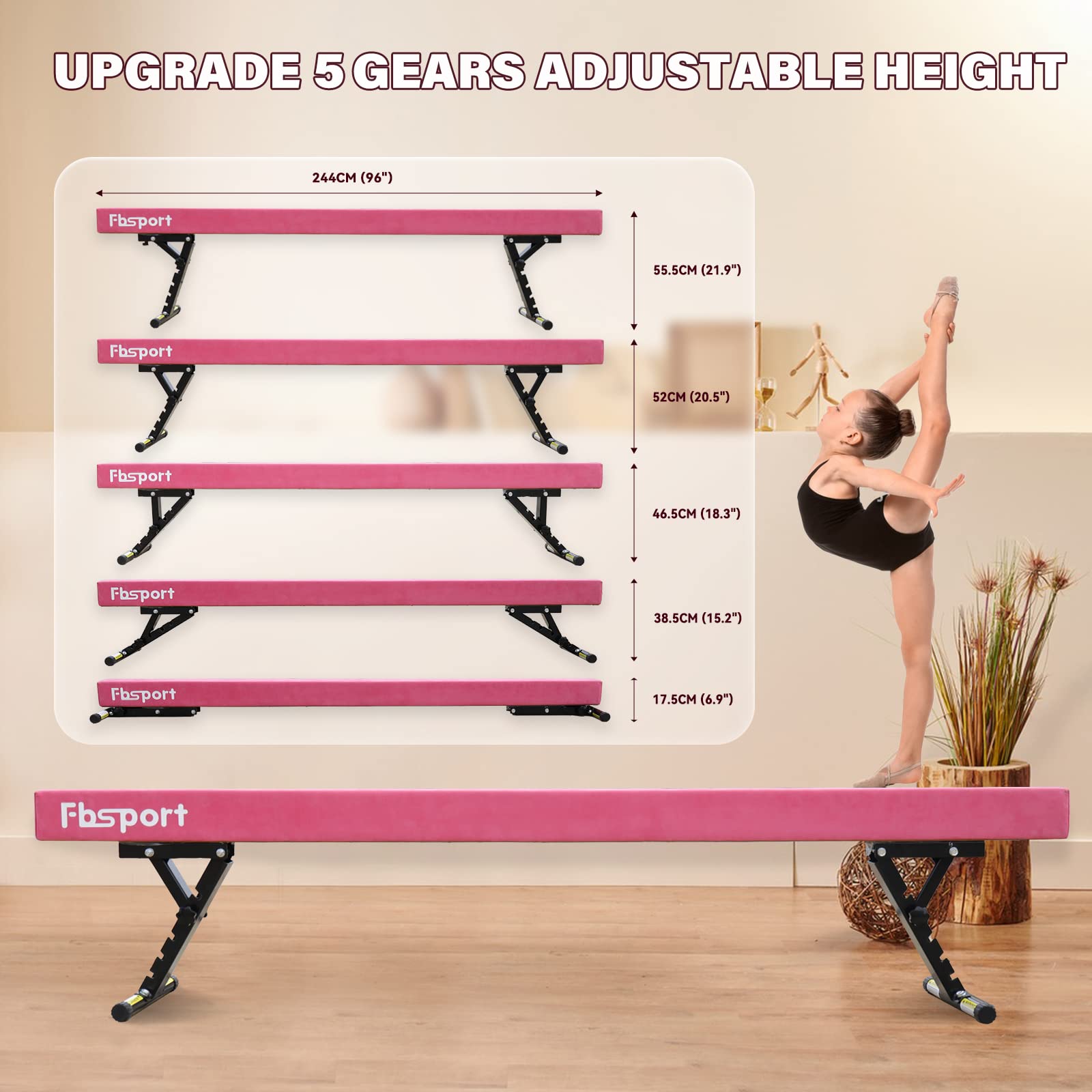 FBSPORT 8ft Adjustable Balance Beam High and Low Floor Beam Gymnastics