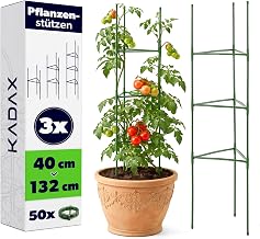 KADAX Set of 3 Tomato Trellis 132 x 30 cm, Tomato Tower with 50 Plant Clips, Tomato Climbing Aids, Metal Plant Supports with Plastic Coating, Trellis