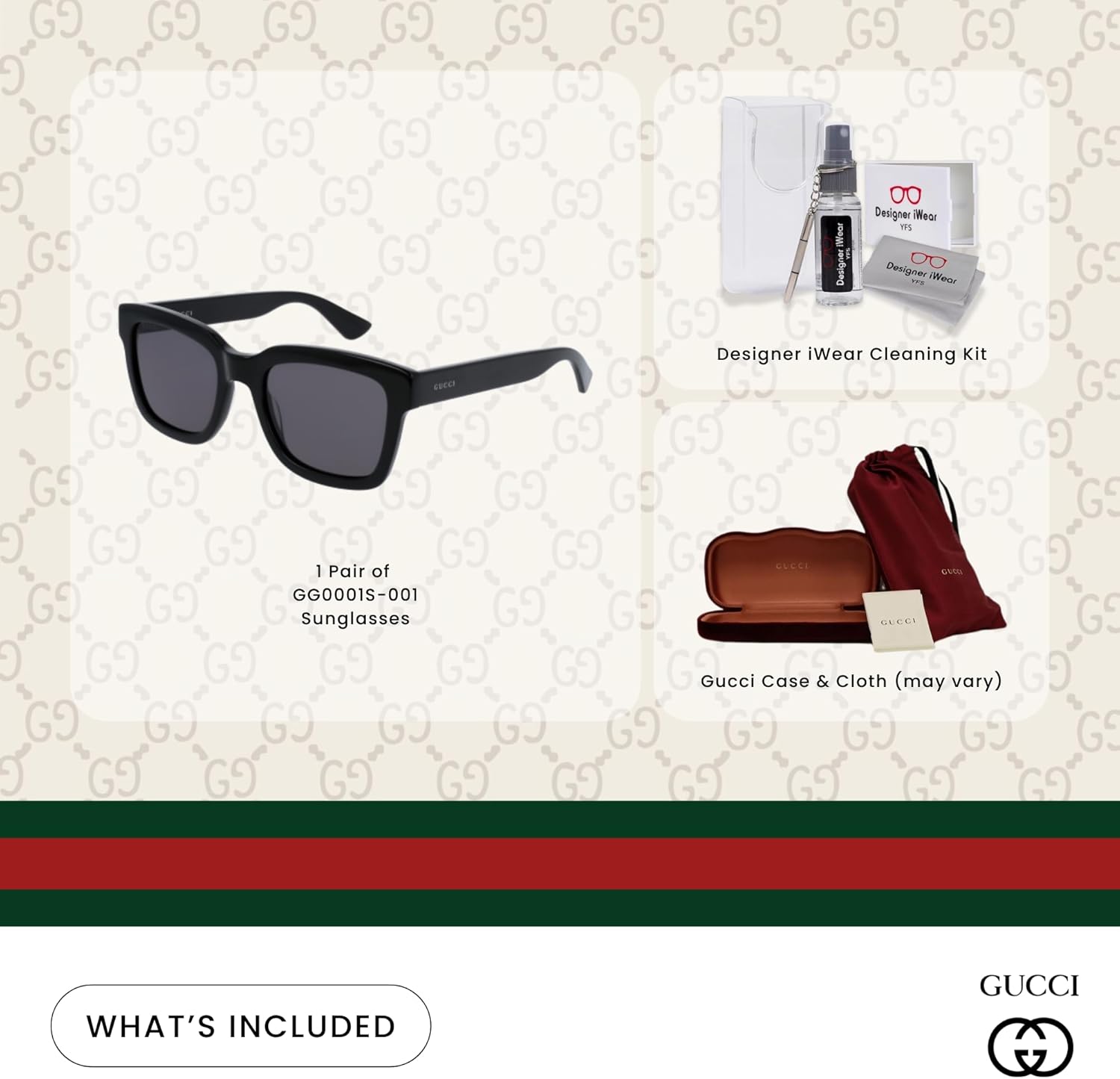 Gucci GG0001S Rectangle Sunglasses For Men +BUNDLE with ACCESSORY EYEWEAR KIT