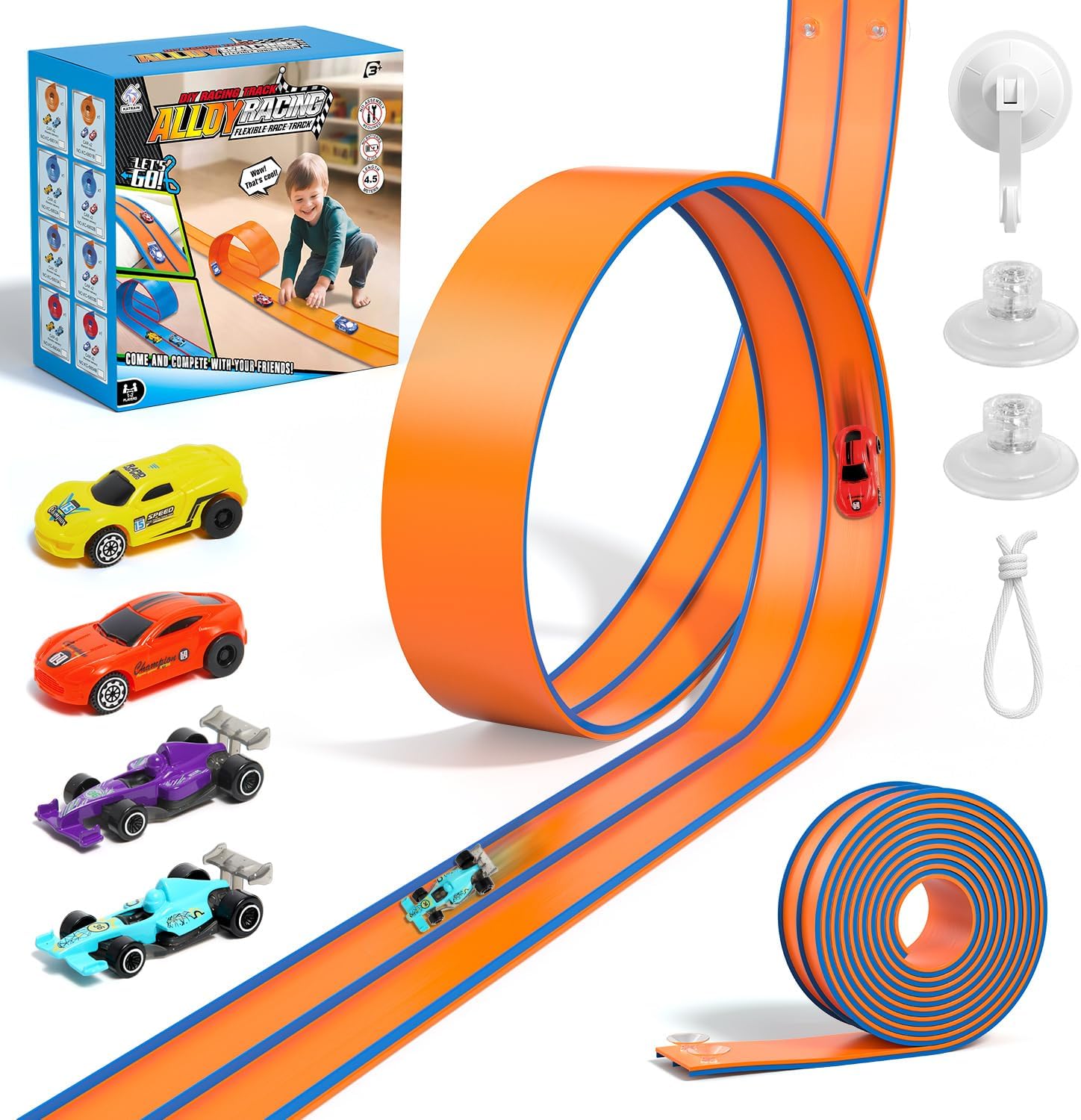 Flex Tracks 15 Ft Flexible Race Car Track for Kids with 2 Suction Cups, Race Car Ramp Track Compatible with Diecast 1/64th Cars, Birthday Gifts for Boys Girls Ages 3+
