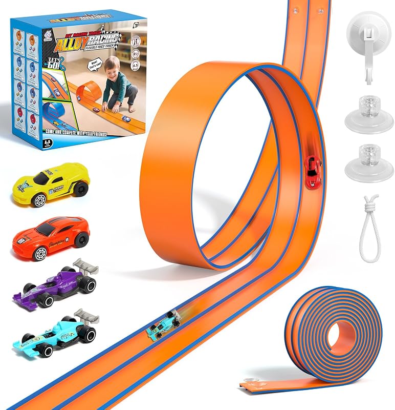 Flex Tracks 15 Ft Flexible Race Car Track for Kids with 2 Suction Cups, Race Car Ramp Track Compatible with Diecast 1/64th Cars, Birthday Gifts for Boys Girls Ages 3+